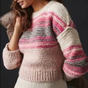 Pilcro by Anthropologie Striped Bouclé Wool Blend Sweater Pink Cream Gray Large